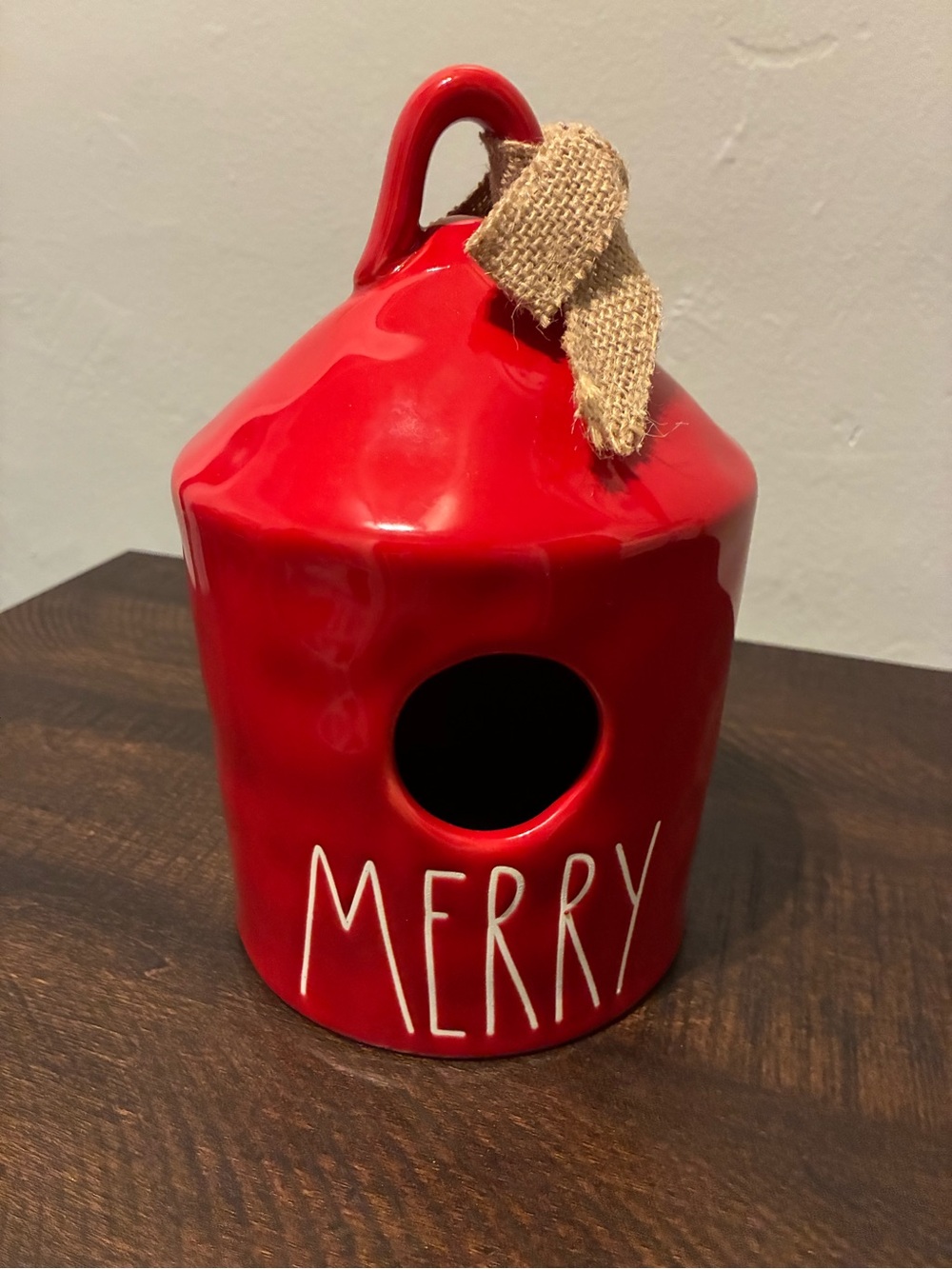 Rae Dunn Red Ceramic 'MERRY' Birdhouse with Burlap ribbon